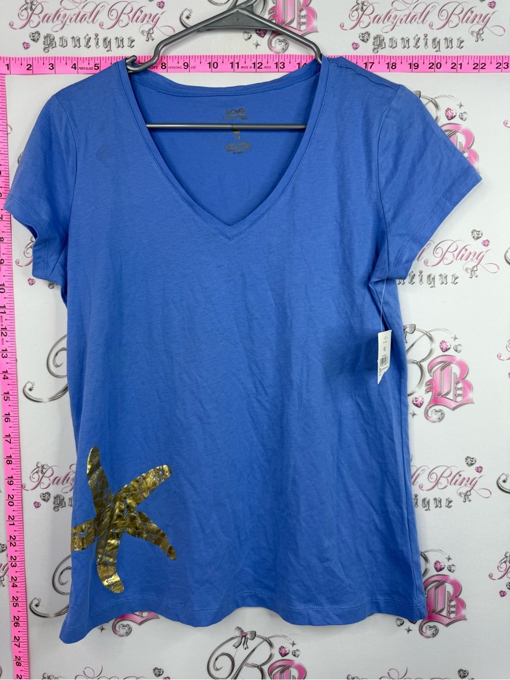 Joe Fresh T-shirt Blue V-Neck Tee with Gold shiny Accent star fish